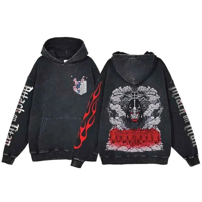 Spring and Autumn animation attack Titan pure cotton hoodie hip hop long sleeve casual street clothing acid-washed sweatshirt
