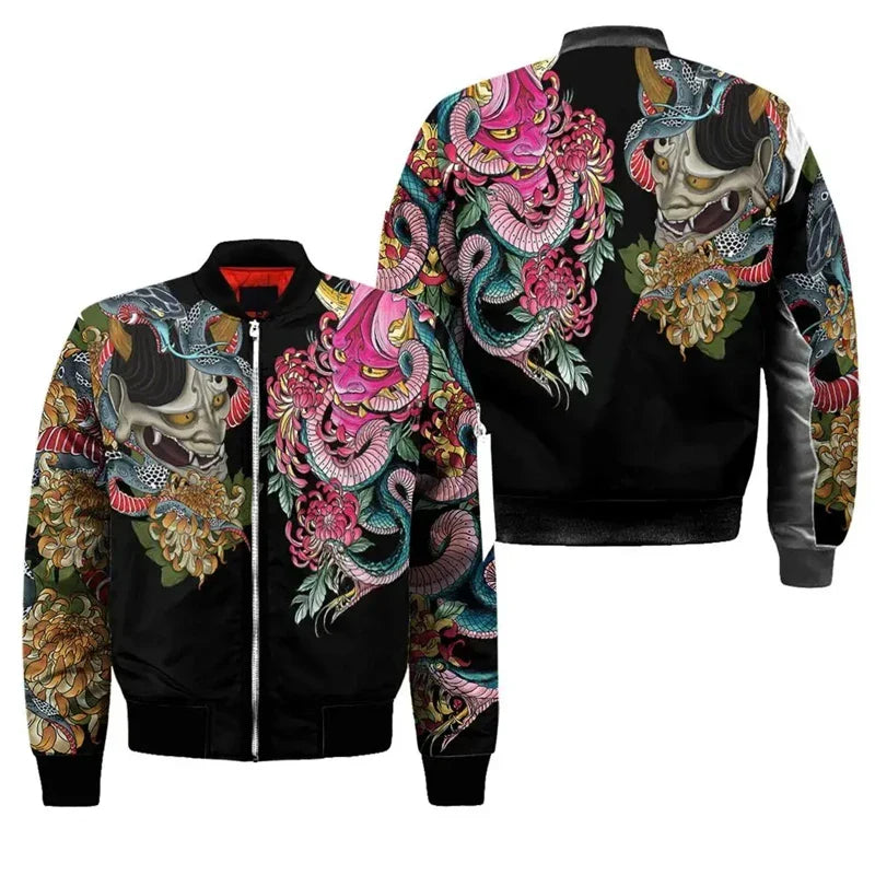 Samurai Oni Mask Bomber Jacket – Fierce Design, Anime Style - Eden of Clothes