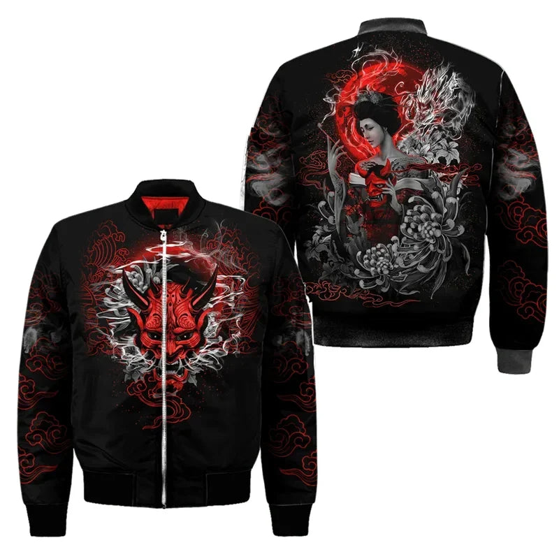 Samurai Oni Mask Bomber Jacket – Fierce Design, Anime Style - Eden of Clothes