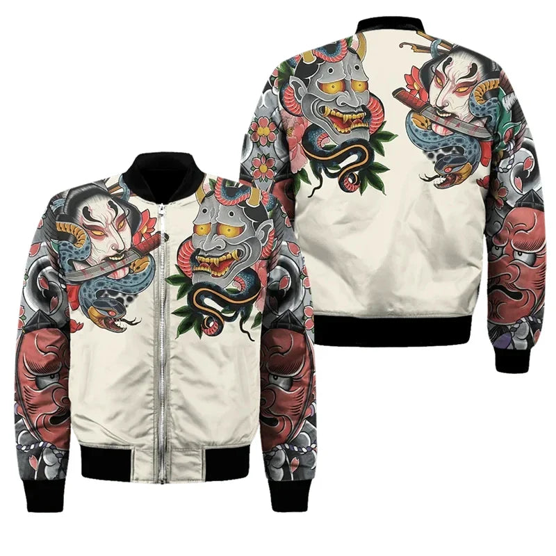 Samurai Oni Mask Bomber Jacket – Fierce Design, Anime Style - Eden of Clothes