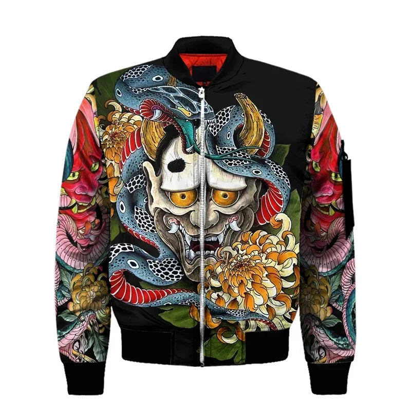 Samurai Oni Mask Bomber Jacket – Fierce Design, Anime Style - Eden of Clothes