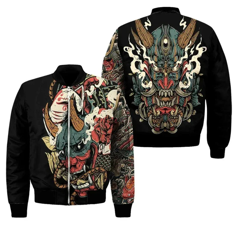 Samurai Oni Mask Bomber Jacket – Fierce Design, Anime Style - Eden of Clothes