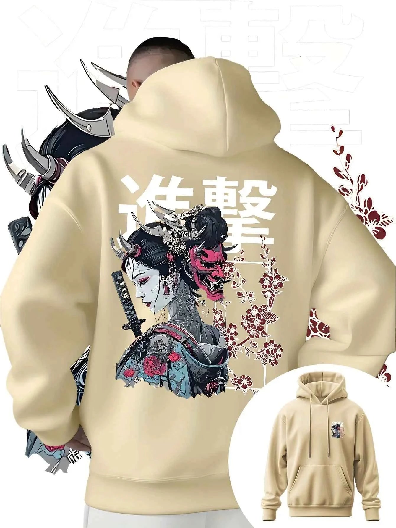 Men's Anime Printed Hooded Sweatshirt Japanese Samurai Design Adult Autumn Winter Fleece Warm Loose Casual Trendy Street Style