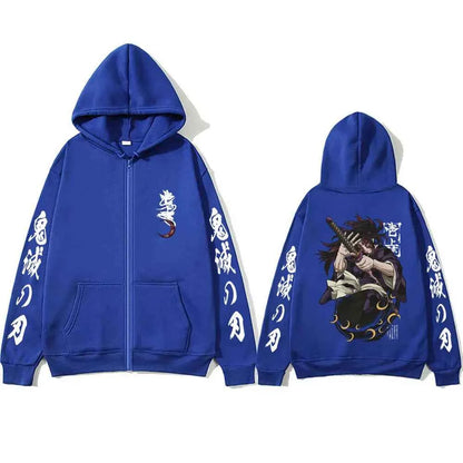 Anime Demon Slayer Kokushibo Zipper Hoodie Men Women Clothing Cartoon Fashion Zip Up Jacket Men's Oversized Zip Up Sweatshirt