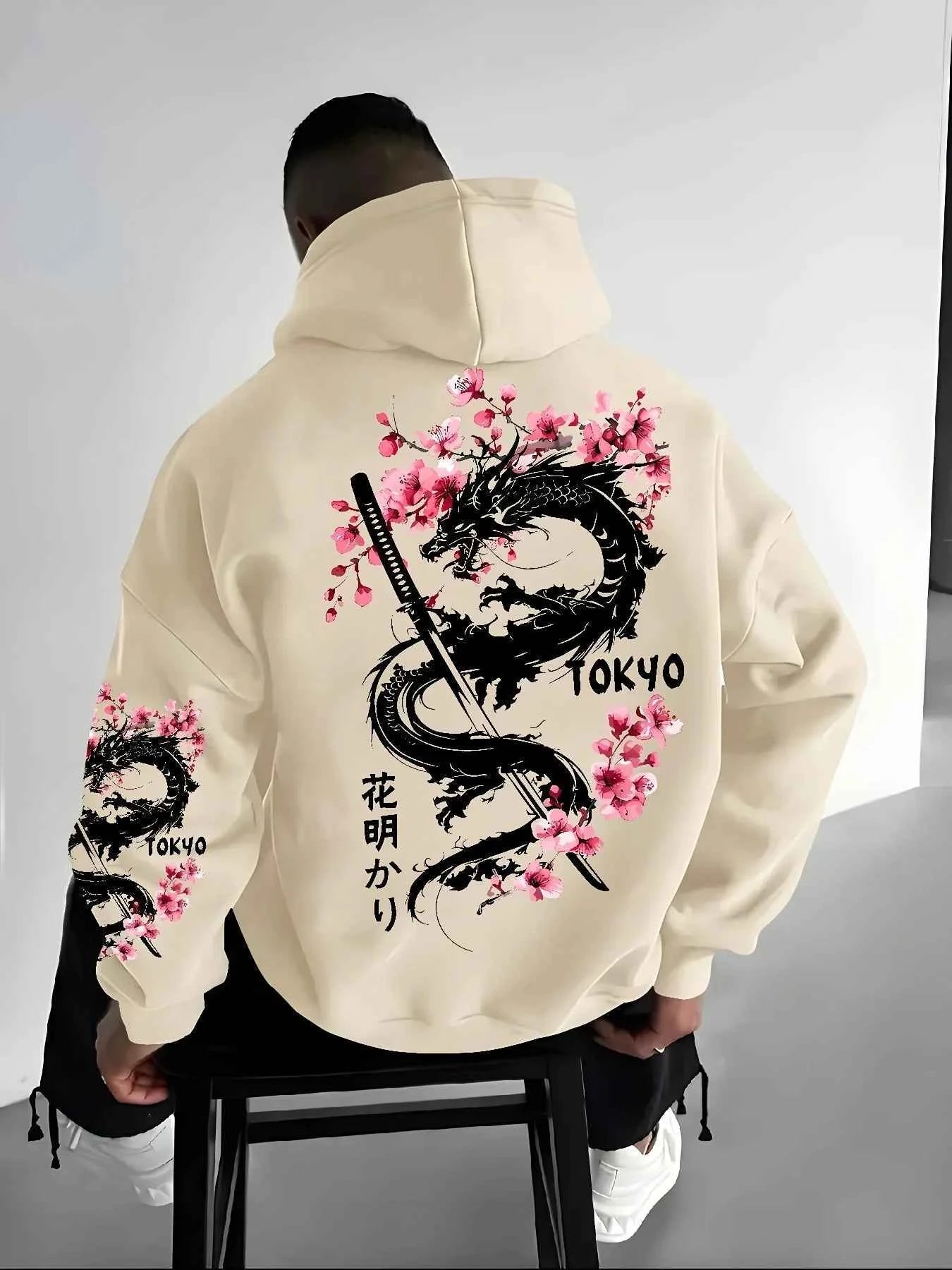 New Men's Anime Dragon Cherry Blossom Printed Hooded Sweatshirt Winter Fleece Warm Casual Street Comfort Inspired Design Hoodie