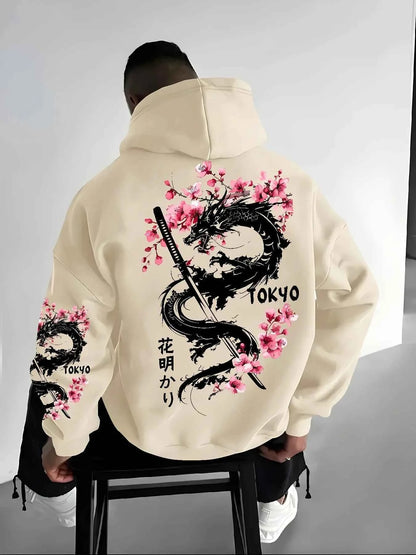 New Men's Anime Dragon Cherry Blossom Printed Hooded Sweatshirt Winter Fleece Warm Casual Street Comfort Inspired Design Hoodie
