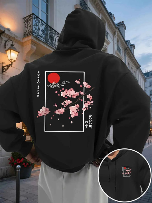 Men's Hooded Sweatshirt Japanese Style Cherry Blossom Printed Hoodie Pocket and Drawstring Casual Pullover, Daily Wear S-3XL
