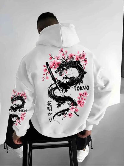 New Men's Anime Dragon Cherry Blossom Printed Hooded Sweatshirt Winter Fleece Warm Casual Street Comfort Inspired Design Hoodie