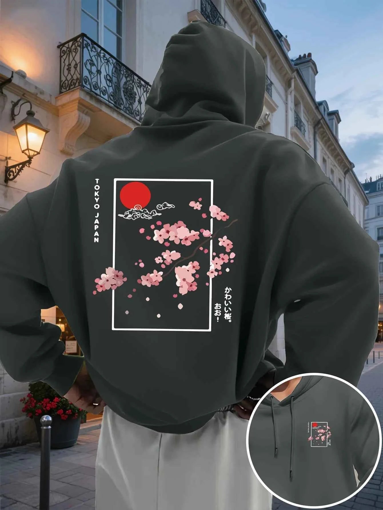 Men's Hooded Sweatshirt Japanese Style Cherry Blossom Printed Hoodie Pocket and Drawstring Casual Pullover, Daily Wear S-3XL