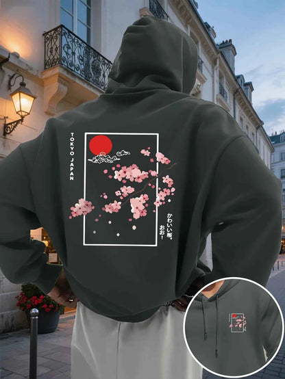Men's Hooded Sweatshirt Japanese Style Cherry Blossom Printed Hoodie Pocket and Drawstring Casual Pullover, Daily Wear S-3XL