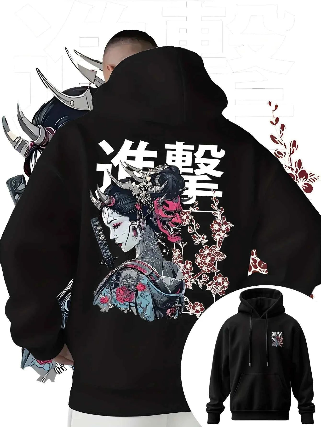 Men's Anime Printed Hooded Sweatshirt Japanese Samurai Design Adult Autumn Winter Fleece Warm Loose Casual Trendy Street Style