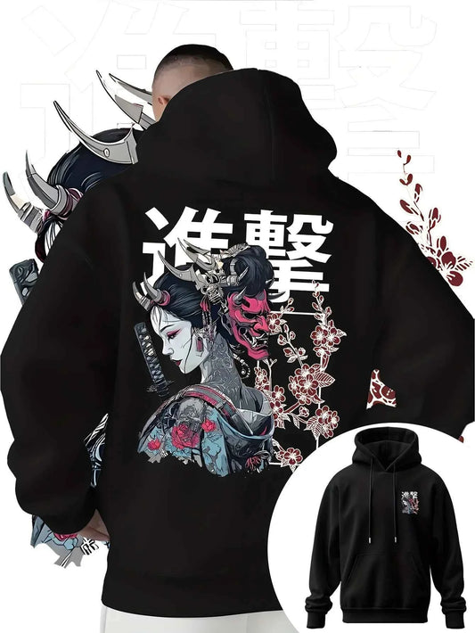 Men's Anime Printed Hooded Sweatshirt Japanese Samurai Design Adult Autumn Winter Fleece Warm Loose Casual Trendy Street Style