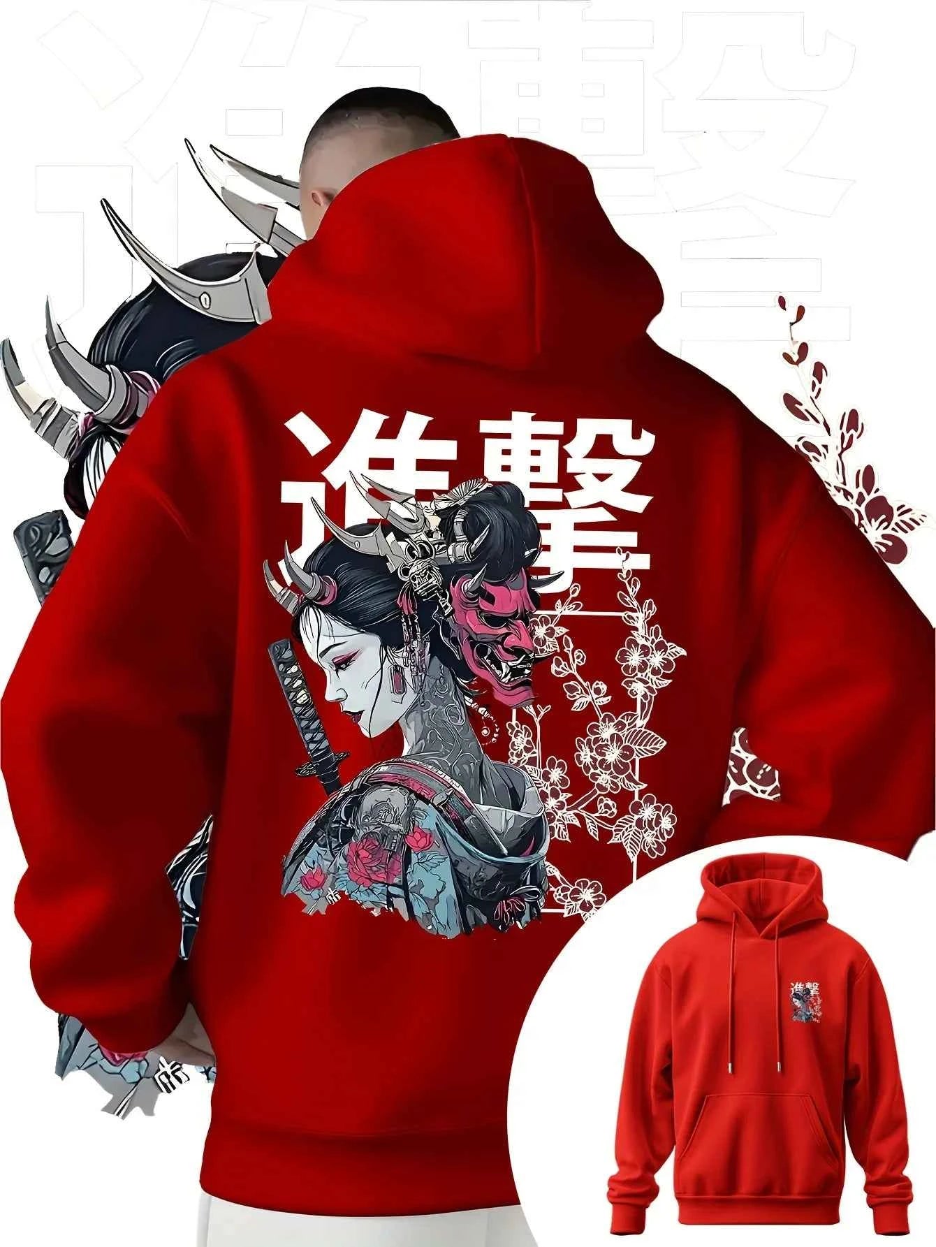 Men's Anime Printed Hooded Sweatshirt Japanese Samurai Design Adult Autumn Winter Fleece Warm Loose Casual Trendy Street Style