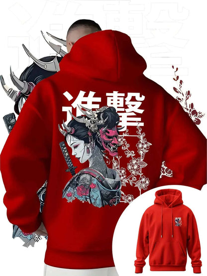 Men's Anime Printed Hooded Sweatshirt Japanese Samurai Design Adult Autumn Winter Fleece Warm Loose Casual Trendy Street Style