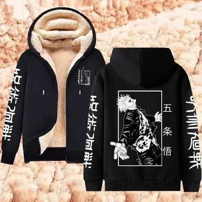 Jujutsu Kaisen Warm Zipper Jacket Gojo Satoru Anime Thicken Hoodie Men Women Lamb Wool Casual Long Sleeve Sweatshirts Streetwear