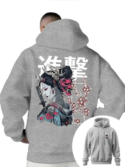 Men's Anime Printed Hooded Sweatshirt Japanese Samurai Design Adult Autumn Winter Fleece Warm Loose Casual Trendy Street Style