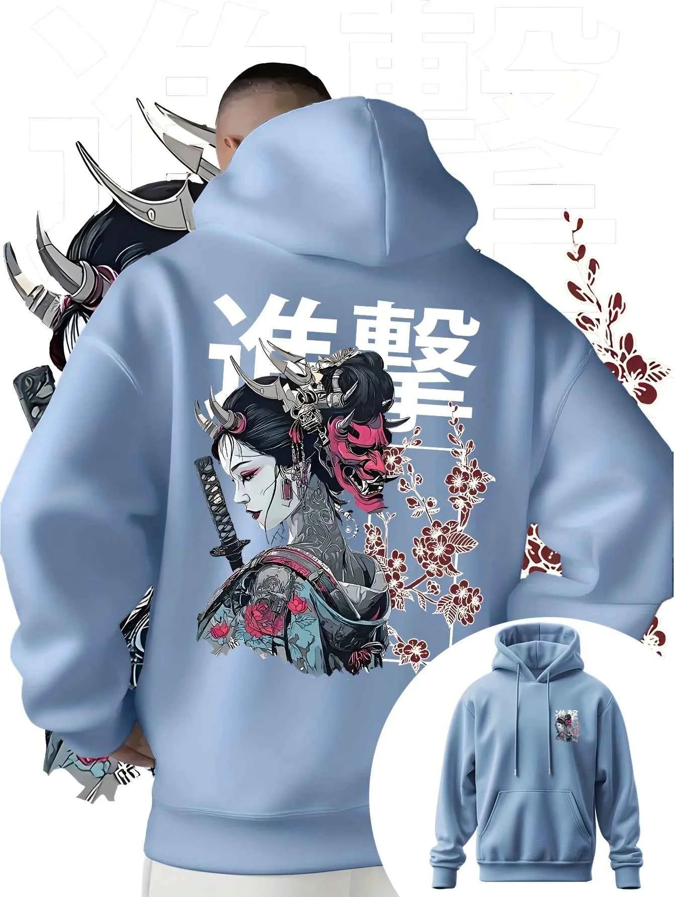 Men's Anime Printed Hooded Sweatshirt Japanese Samurai Design Adult Autumn Winter Fleece Warm Loose Casual Trendy Street Style