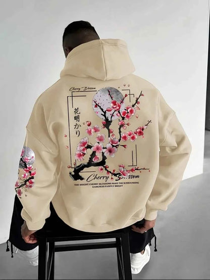 2025 Men's Autumn Cherry Blossoms and Moon Printed Patterns Soft and Comfortable Hoodie Fashion Outdoor Streetwear