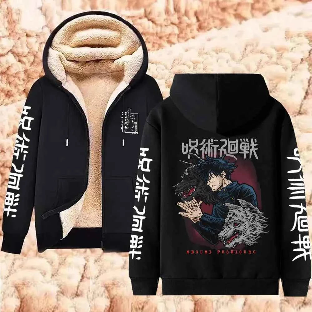 Jujutsu Kaisen Warm Zipper Jacket Gojo Satoru Anime Thicken Hoodie Men Women Lamb Wool Casual Long Sleeve Sweatshirts Streetwear