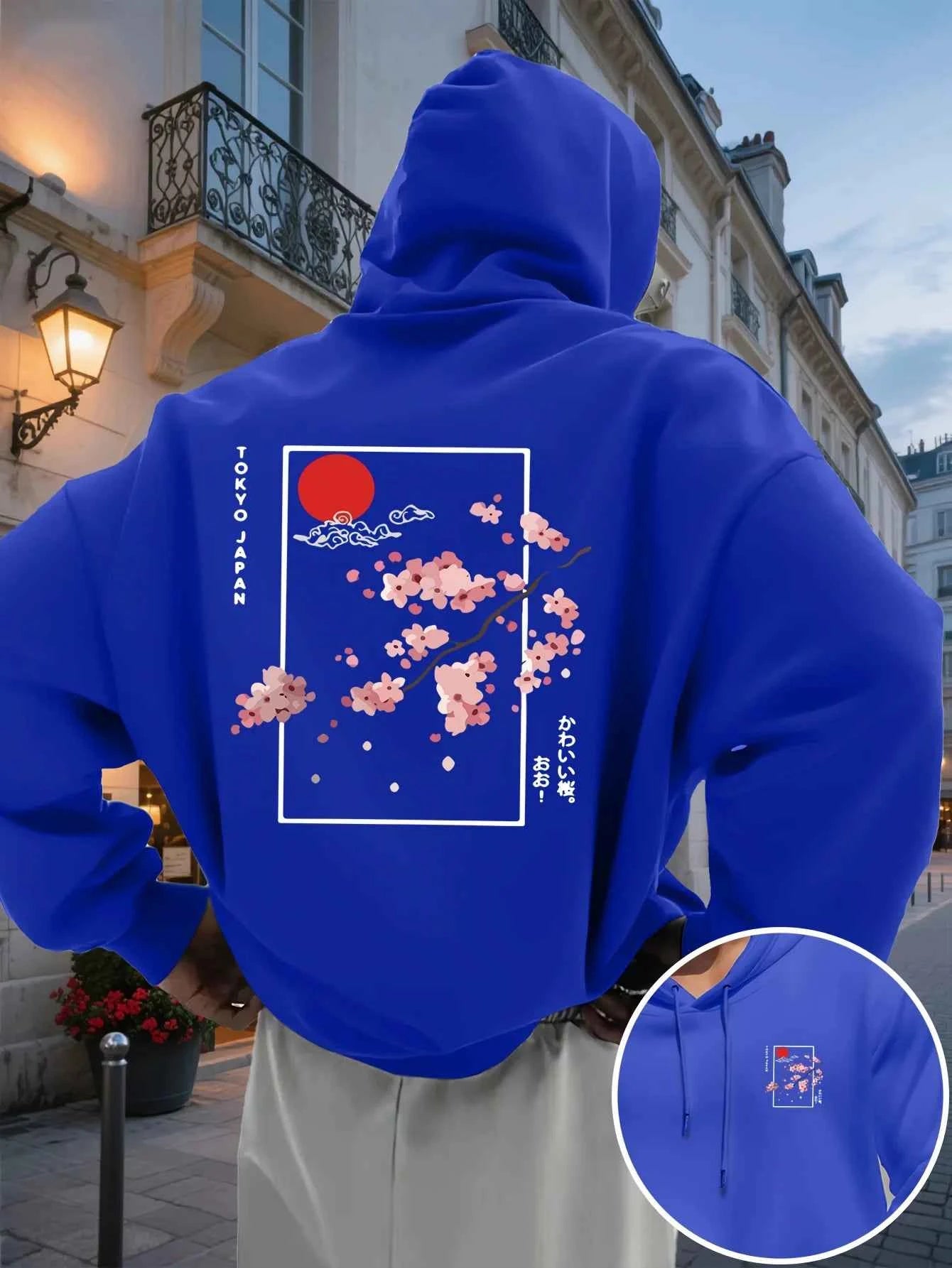 Men's Hooded Sweatshirt Japanese Style Cherry Blossom Printed Hoodie Pocket and Drawstring Casual Pullover, Daily Wear S-3XL