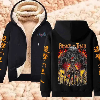 Attack on Titan Winter Warm Zipper Jacket Anime Print Hoodies Men Women Thicken Zip Up Sweatshirts Harajuku Hip Hop Streetwear
