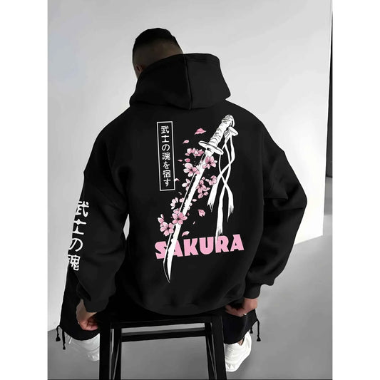 Japanese Streetwear Sakura Katana Hoodie Men Harajuku Graphic Print Sweatshirt Oversized Hip Hop Pullover Autumn Tops