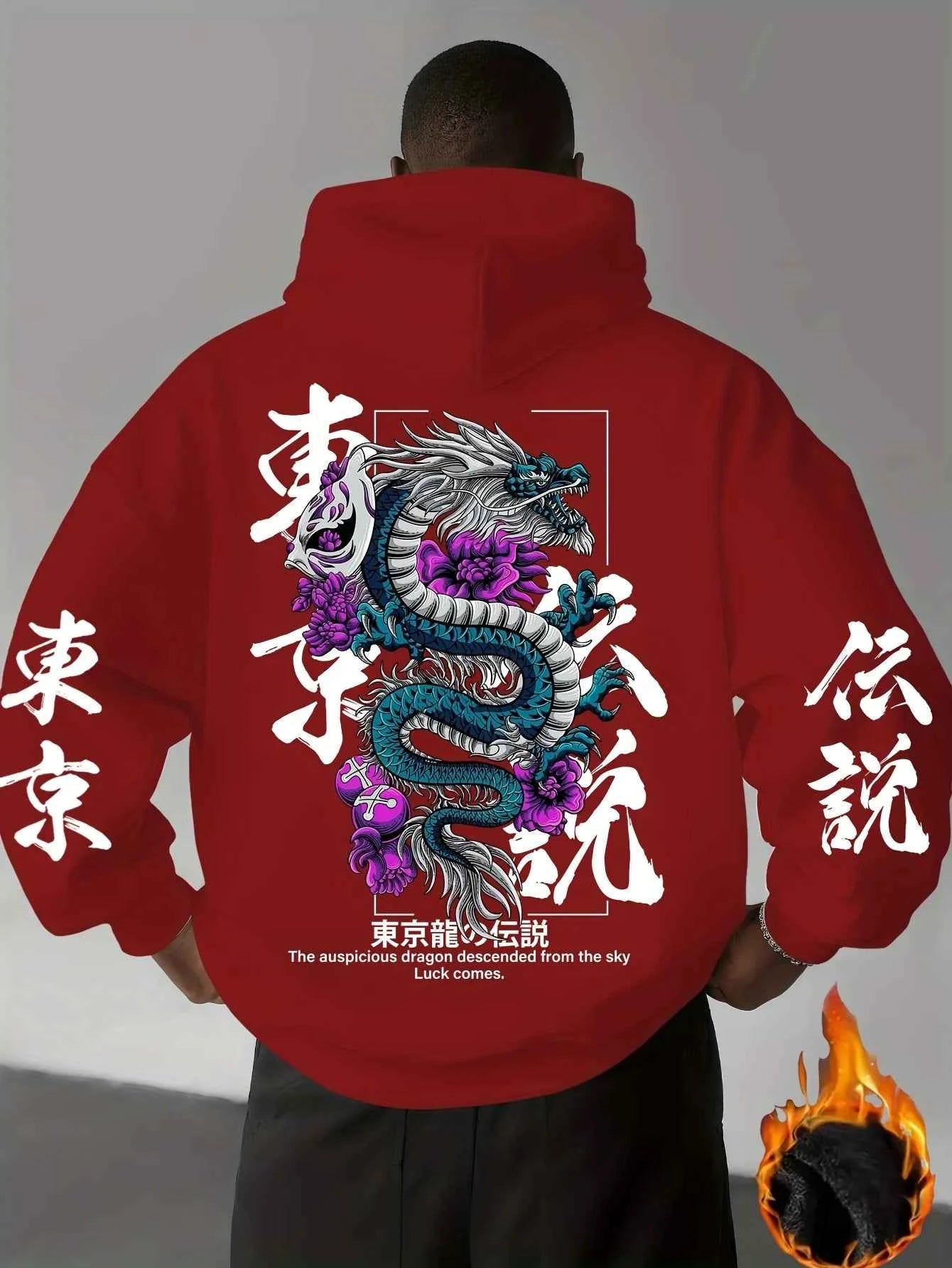 New Adult Men's Japanese Dragon Chinese Character Printed Hooded Sweatshirt Loose Casual Streetwear Warm Fleece Autumn Winter