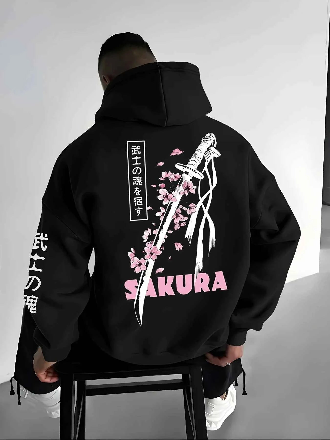 Japanese Streetwear Sakura Katana Hoodie Men Harajuku Graphic Print Sweatshirt Oversized Hip Hop Pullover Autumn Tops