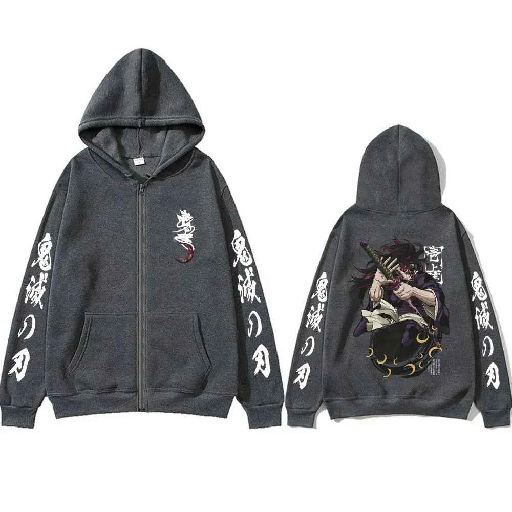 Anime Demon Slayer Kokushibo Zipper Hoodie Men Women Clothing Cartoon Fashion Zip Up Jacket Men's Oversized Zip Up Sweatshirt