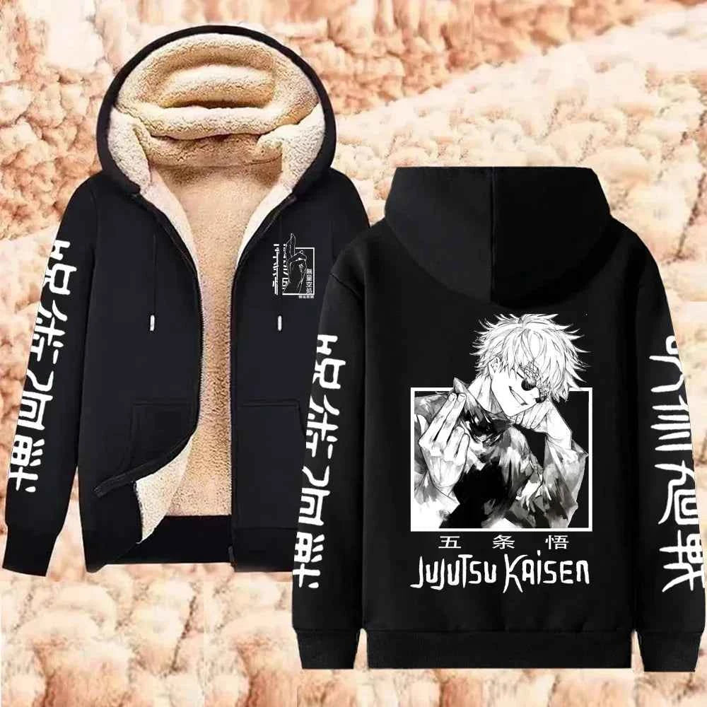 Jujutsu Kaisen Warm Zipper Jacket Gojo Satoru Anime Thicken Hoodie Men Women Lamb Wool Casual Long Sleeve Sweatshirts Streetwear