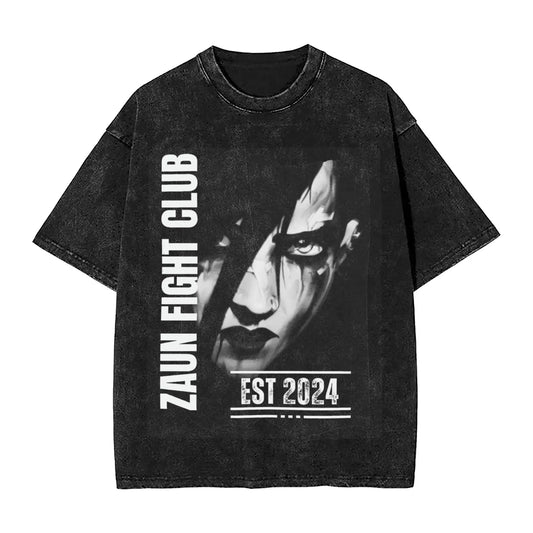 Harajuku Washed Shirt Zaun Fight Club arcane game Outfit Vintage T-Shirts High Street Streetwear 100% Cotton Graphic