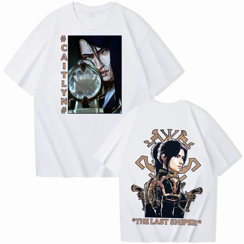 Hot Anime Arcane-Caitlyn T-Shirts Unisex Harajuku O-Neck Short Sleeve Popular Music Shirts Fans Gift - white / 4XL