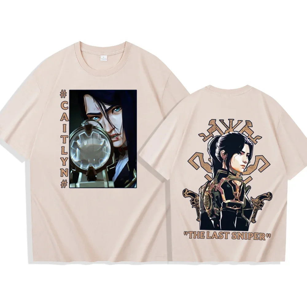 Hot Anime Arcane-Caitlyn T-Shirts Unisex Harajuku O-Neck Short Sleeve Popular Music Shirts Fans Gift - khaki / 4XL