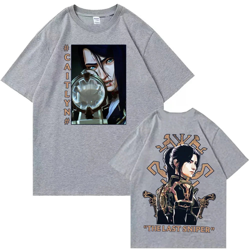 Hot Anime Arcane-Caitlyn T-Shirts Unisex Harajuku O-Neck Short Sleeve Popular Music Shirts Fans Gift - gray / 4XL