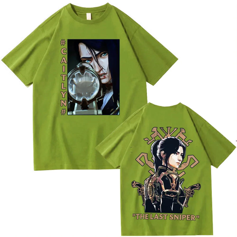 Hot Anime Arcane-Caitlyn T-Shirts Unisex Harajuku O-Neck Short Sleeve Popular Music Shirts Fans Gift - green / 4XL