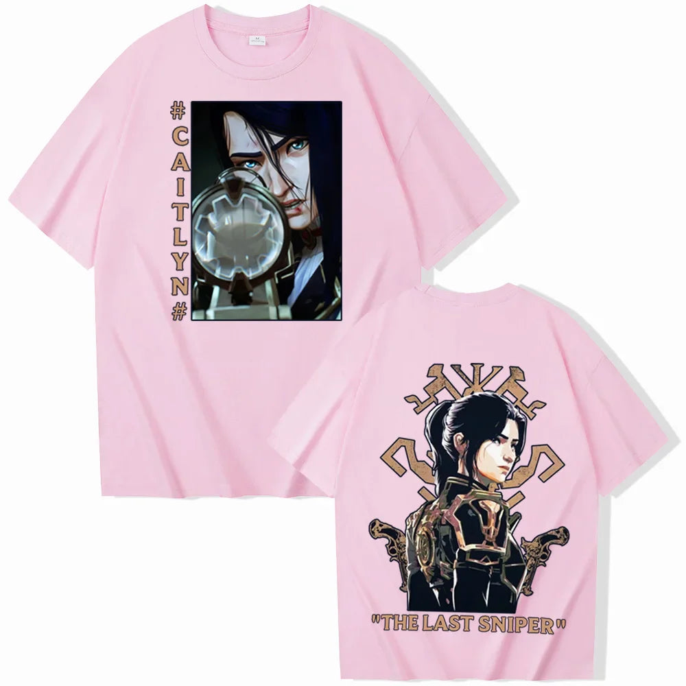 Hot Anime Arcane-Caitlyn T-Shirts Unisex Harajuku O-Neck Short Sleeve Popular Music Shirts Fans Gift - pink / XS