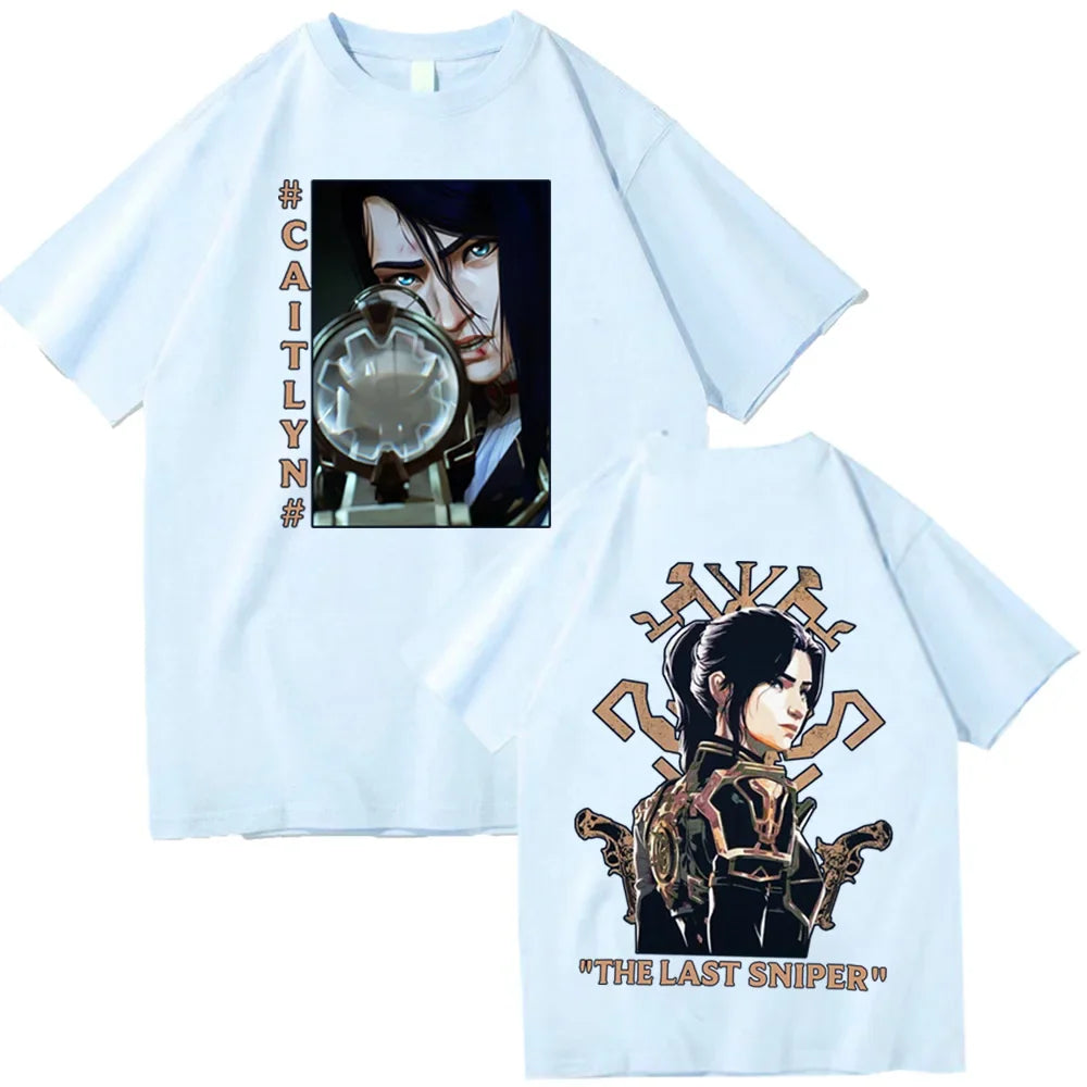 Hot Anime Arcane-Caitlyn T-Shirts Unisex Harajuku O-Neck Short Sleeve Popular Music Shirts Fans Gift - sky blue / 4XL