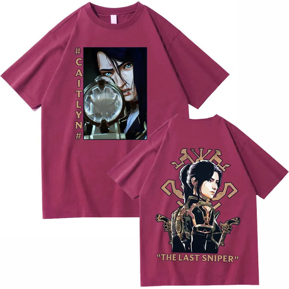 Hot Anime Arcane-Caitlyn T-Shirts Unisex Harajuku O-Neck Short Sleeve Popular Music Shirts Fans Gift - wine red / 4XL