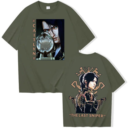 Hot Anime Arcane-Caitlyn T-Shirts Unisex Harajuku O-Neck Short Sleeve Popular Music Shirts Fans Gift - army green / 4XL