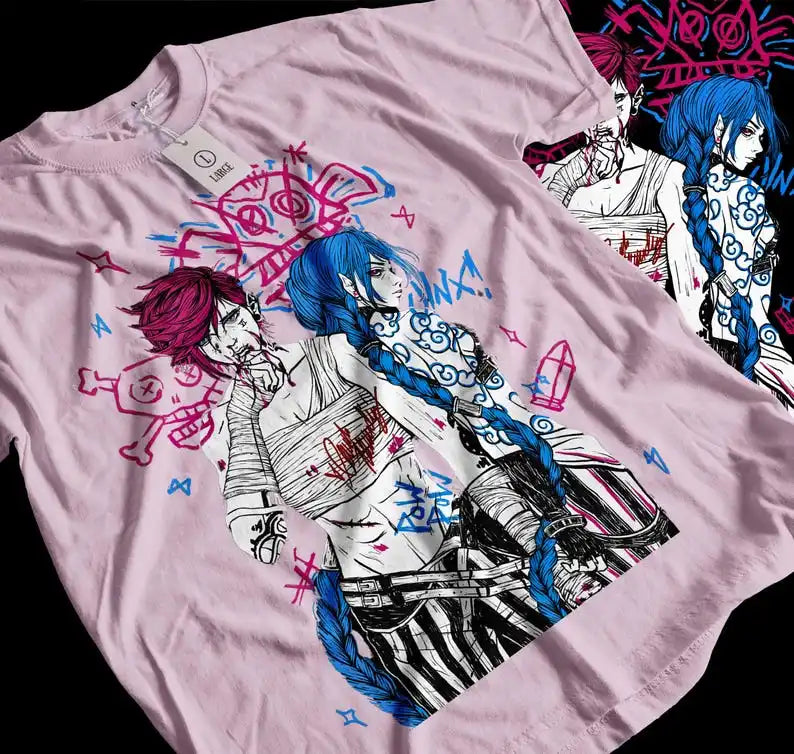 Jinx Arcane Vi T-Shirt Anime Janpanese Cartoon Graphic Shirt All Size