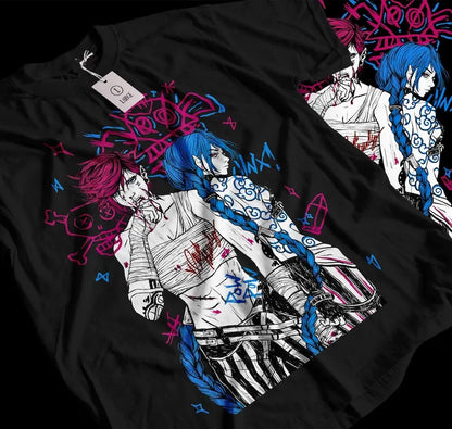 Jinx Arcane Vi T-Shirt Anime Janpanese Cartoon Graphic Shirt All Size - black / L