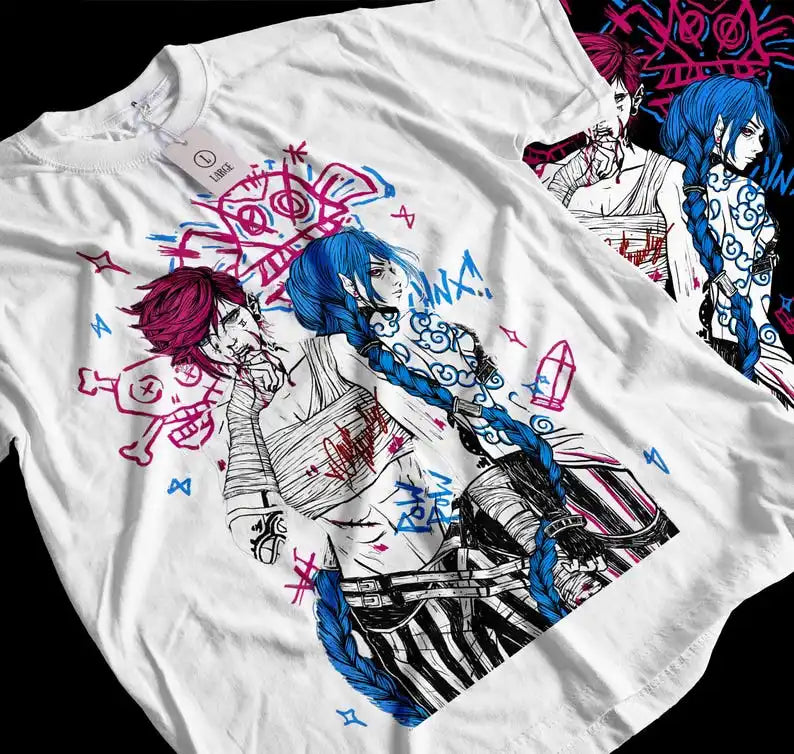 Jinx Arcane Vi T-Shirt Anime Janpanese Cartoon Graphic Shirt All Size