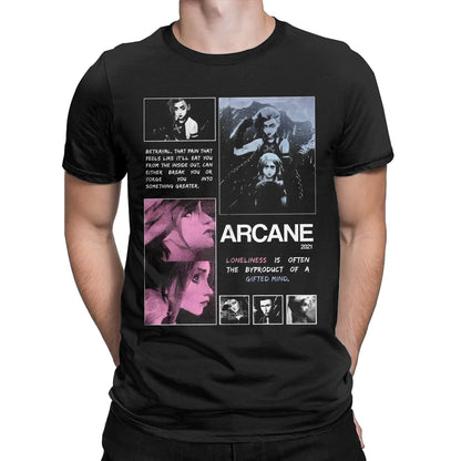 Men Arcane Season 2 Jinx Vi T Shirt Anime Game Pure Cotton merchandise Crazy Short Sleeve Round Neck Tees Plus Size