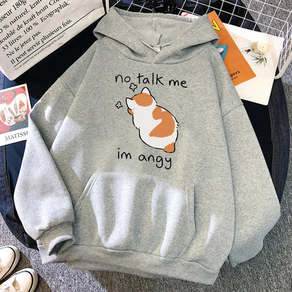 No Talk Me Cute Angry Cat Print Hoodie - Hoodie