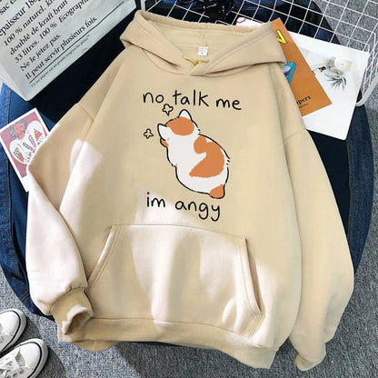 No Talk Me Cute Angry Cat Print Hoodie - Hoodie