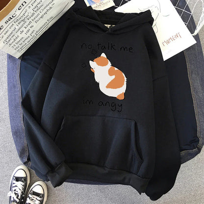 No Talk Me Cute Angry Cat Print Hoodie - Hoodie